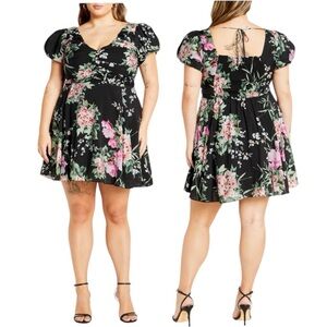 City Chic Black Floral Puff Sleeve Mini Dress | V-Neck A-Line Sz 14